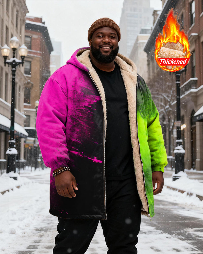 Big & Tall Men's Pink Green Gradient Printed Velvet Thickened Long Hooded Coat