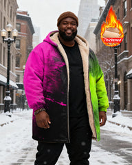 Big & Tall Men's Pink Green Gradient Printed Velvet Thickened Long Hooded Coat