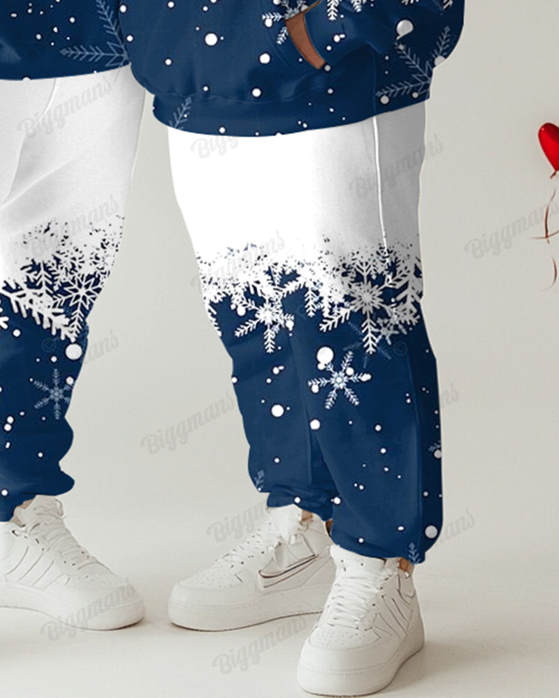 Couple Fashion Casual Big and Tall Romantic Blue Christmas Snowflake Hoodie Set