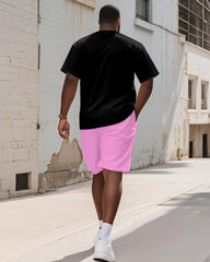 Men's Plus Size Black Powder Panic Cartoon Print Short Sleeve T-shirt Shorts Suit