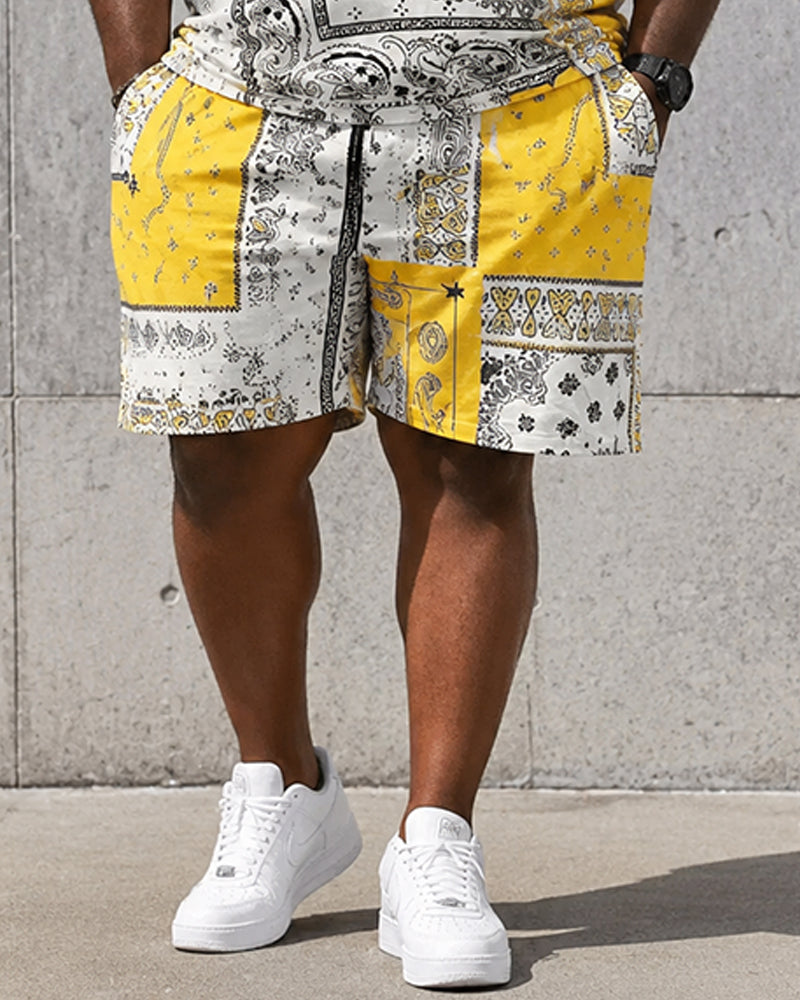 Big & Tall Men's Yellow And White Stitching Paisley Printed Crew Neck Short Sleeve T-shirt Shorts Set
