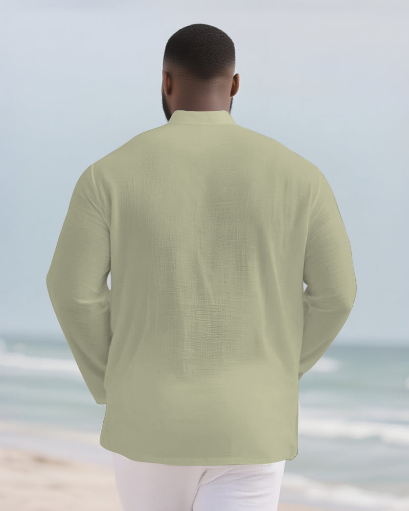Big & Tall Men's Everyday Solid Color Bamboo Hemp Texture Henry Collar Long Sleeve Shirt