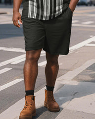 Men's Plus Size Business Black Stripe Print Short Sleeve Polo Shirt Shorts Suit
