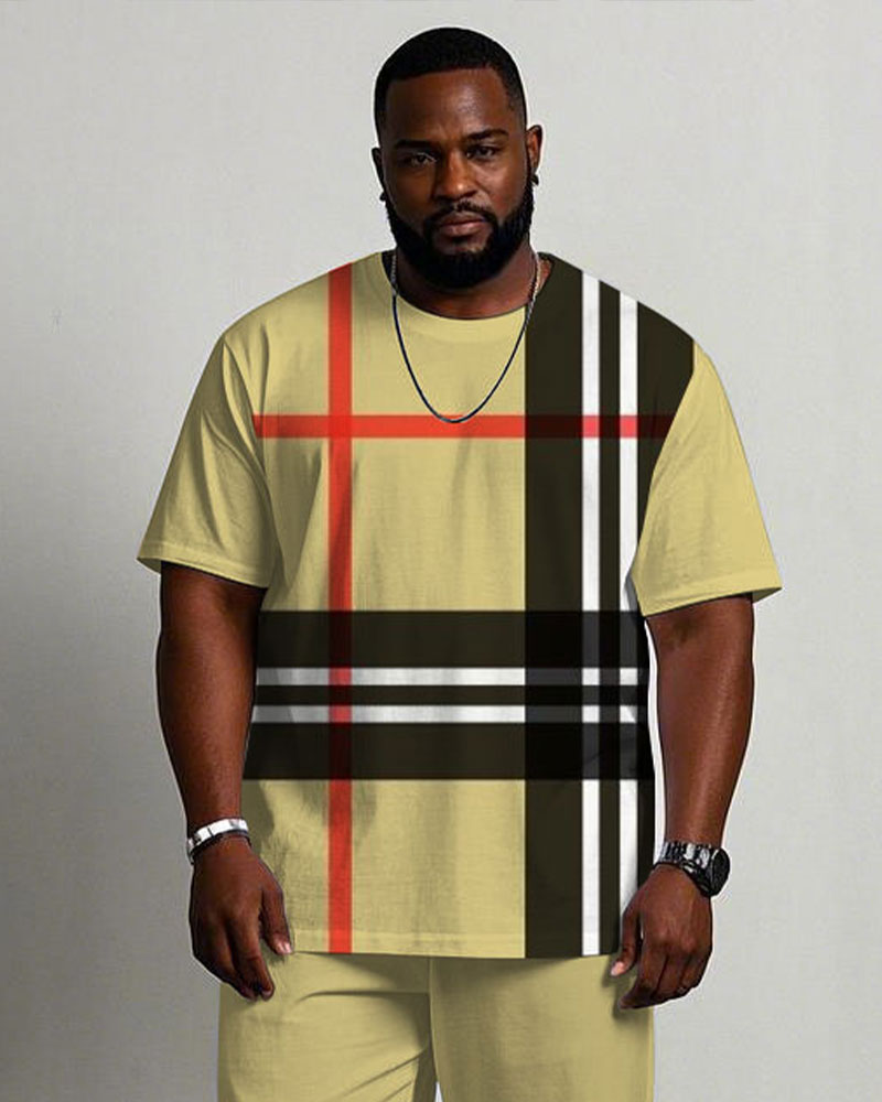 Men's Plus Size Casual Fashion Yellow Large Plaid Print Short-sleeved T-shirt Trousers Suit