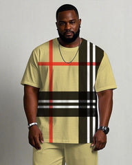 Men's Plus Size Casual Fashion Yellow Large Plaid Print Short-sleeved T-shirt Trousers Suit