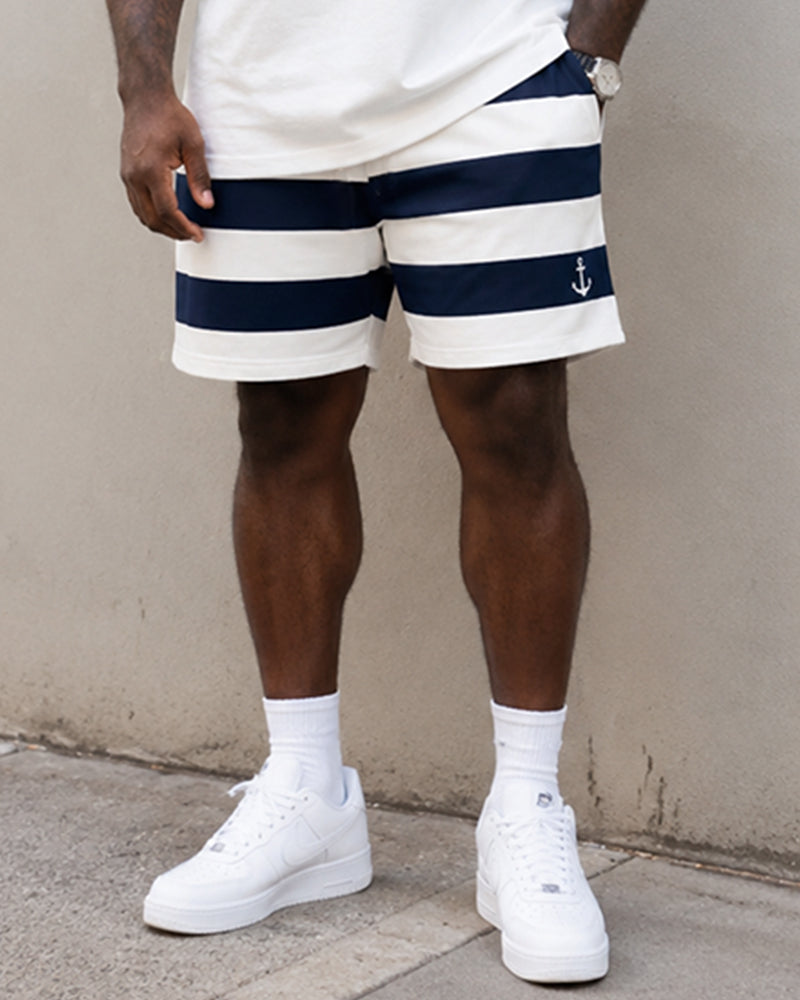 Big & Tall Men's Anchor Horizontal Stripe Printed Round Neck Short Sleeve T-Shirt Shorts Set