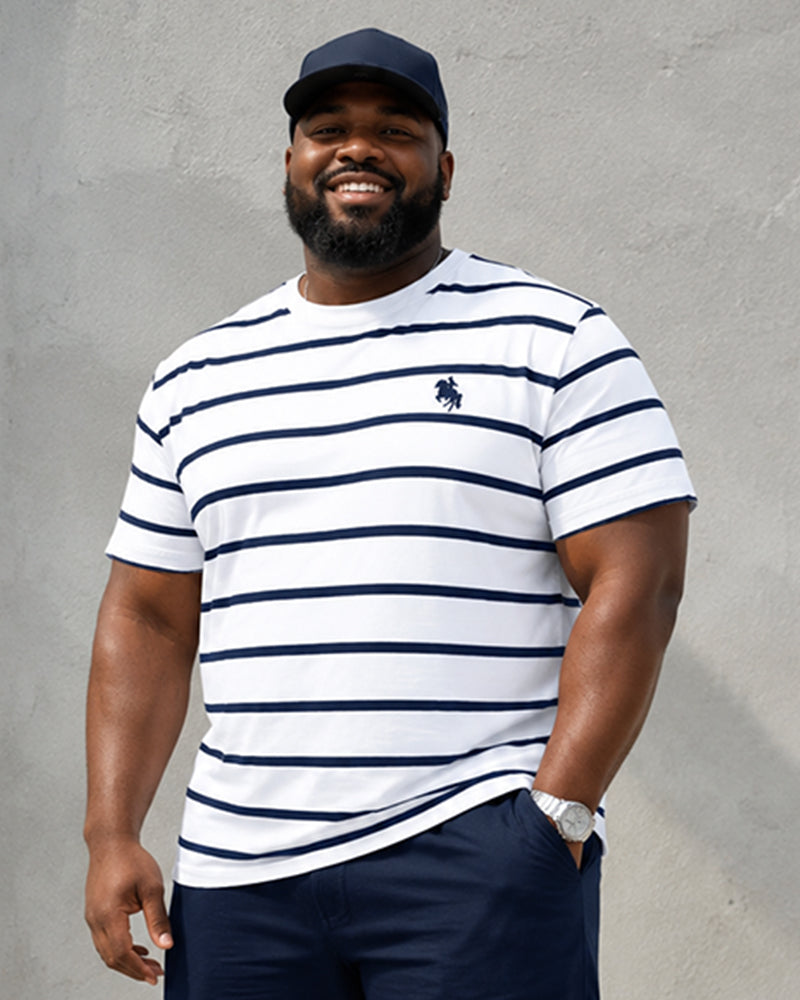 Big & Tall Men's Navy Blue Horizontal Striped Pony Printed Crew Neck Short Sleeve T-shirt Shorts Set