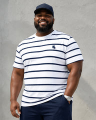 Big & Tall Men's Navy Blue Horizontal Striped Pony Printed Crew Neck Short Sleeve T-shirt Shorts Set