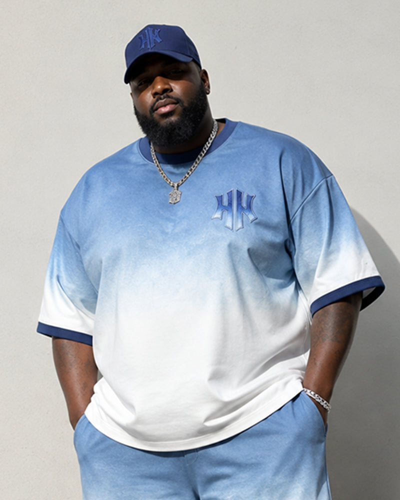 Big & Tall Men's Blue And White Gradient Printed Crew Neck Short Sleeve T-shirt Shorts Set