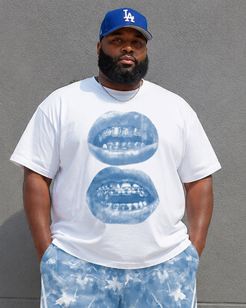 Big & Tall Men's Braces Lips Maple Leaf Tie-Dye Printed Crewneck Short Sleeve T-Shirt Shorts Set
