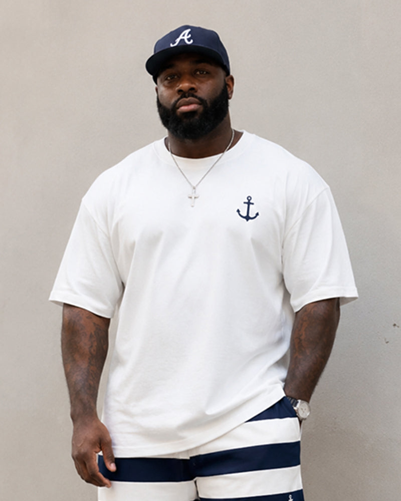 Big & Tall Men's Anchor Horizontal Stripe Printed Round Neck Short Sleeve T-Shirt Shorts Set