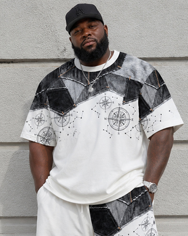Big & Tall Men’s Distressed Denim Patchwork Compass Star Chart Printed Crew-Neck Short-Sleeve T-Shirt And Shorts Set