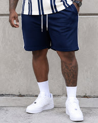 Big & Tall Men's Navy Blue Vertical Stripe Printed Round Neck Short Sleeve T-shirt Shorts Set