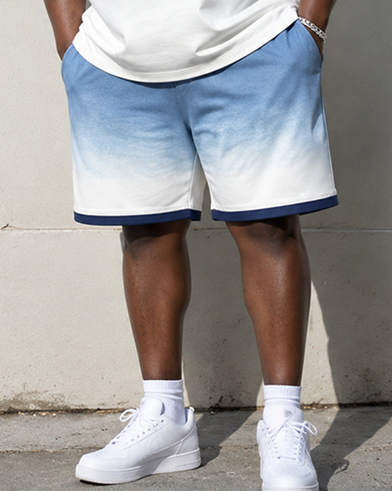 Big & Tall Men's Blue And White Gradient Printed Crew Neck Short Sleeve T-shirt Shorts Set