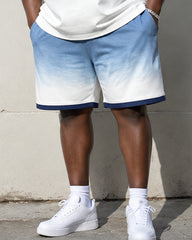Big & Tall Men's Blue And White Gradient Printed Crew Neck Short Sleeve T-shirt Shorts Set
