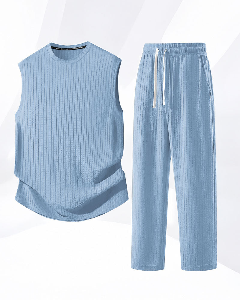 M-8XL Men's Texture Fabric Vest Straight Casual Pants Sports Two-piece Set