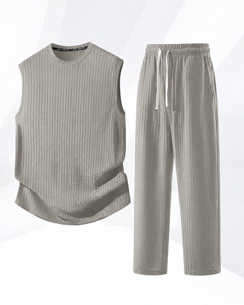 M-8XL Men's Texture Fabric Vest Straight Casual Pants Sports Two-piece Set