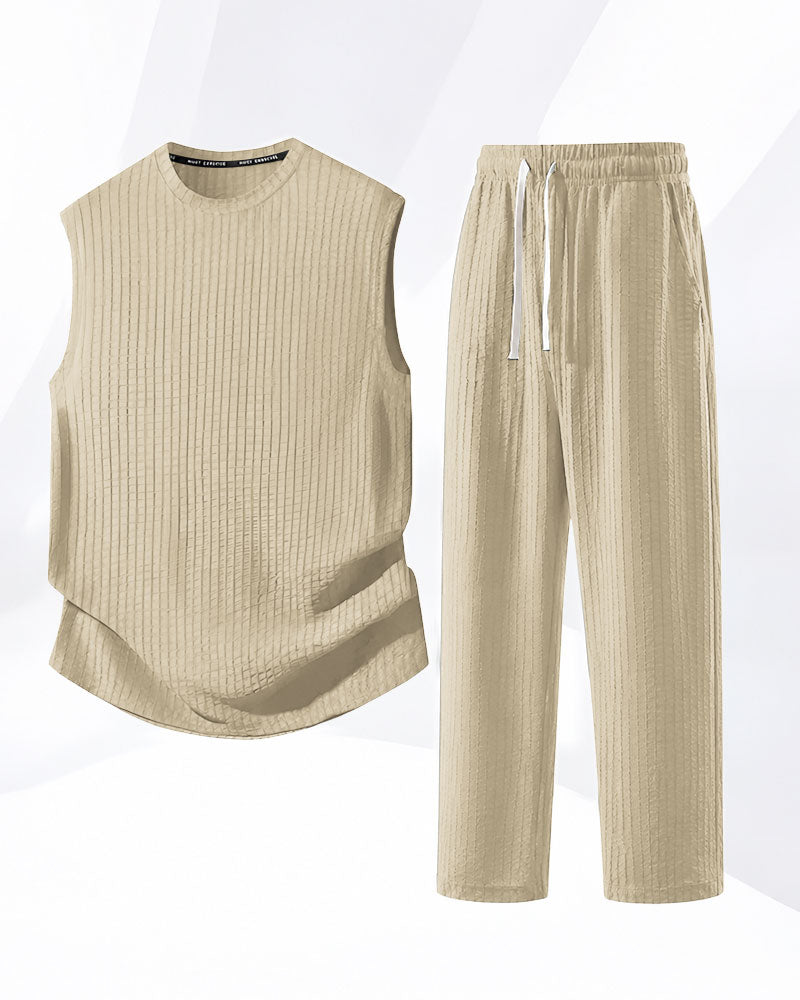 M-8XL Men's Texture Fabric Vest Straight Casual Pants Sports Two-piece Set