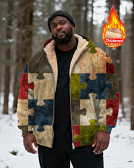 Big & Tall Men's Multicolor Puzzle Print Velvet Thickened Zip Hoodie