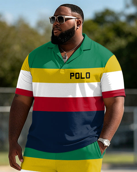 Big & Tall Men's Reggae Striped Polo with Letter Print POLO Shirt Short Sleeve Shorts Set