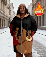 Women's Black And Red Contrast Women's Portrait Print Velvet Thickened Long Hooded Coat