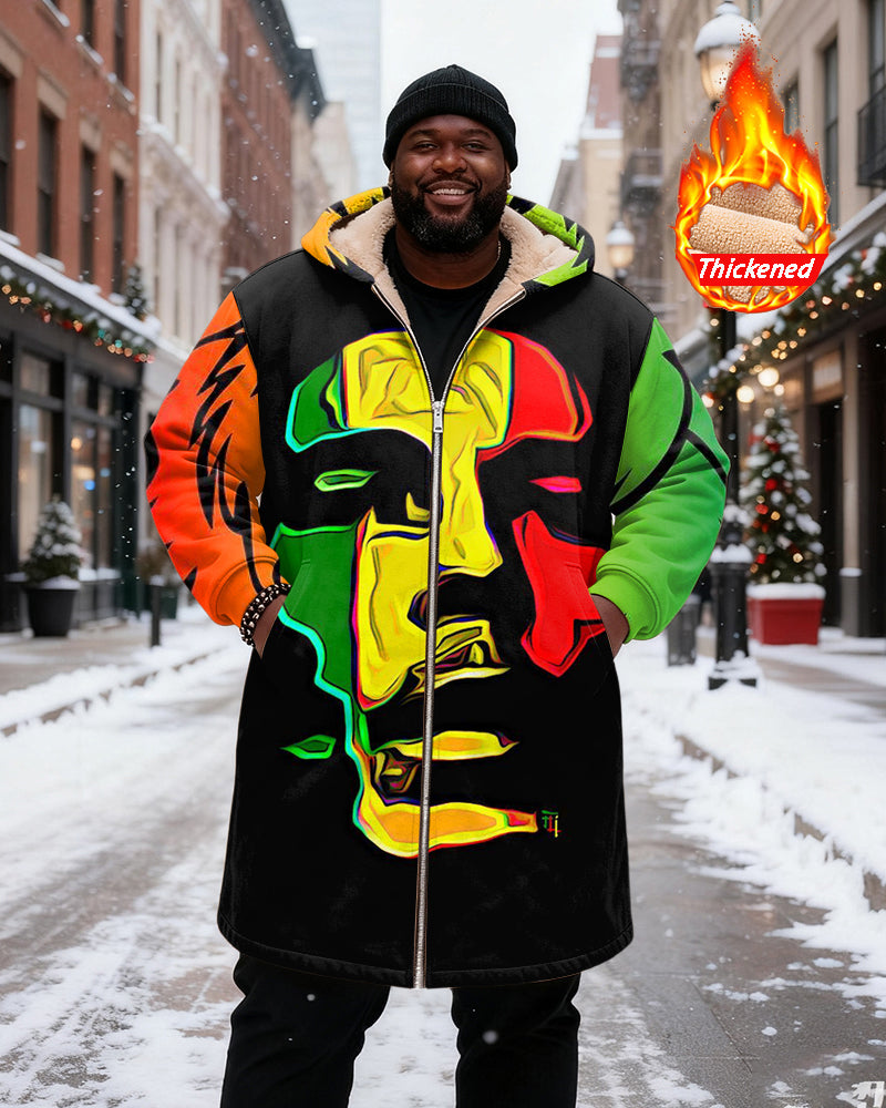 Big & Tall Men's Green, Yellow And Red Art Head Contrast Printed Velvet Thickened Long Hooded Coat