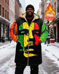 Big & Tall Men's Green, Yellow And Red Art Head Contrast Printed Velvet Thickened Long Hooded Coat