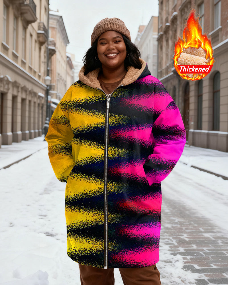 Yellow Pink Contrast Gradient Stripe Printed Velvet Thickened Long Hooded Exterior