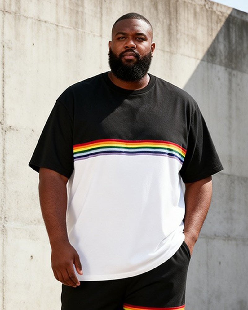 Big & Tall Men's Black And White Color Contrast Rainbow Stripe Printed Round Neck Short Sleeve T-Shirt Shorts Set