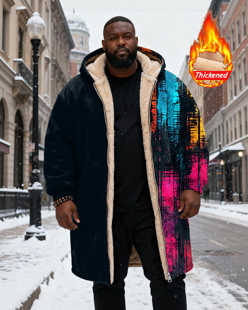 Big & Tall Men's Cyberpunk Style Color Graffiti Printed Velvet Thickened Long Hooded Coat