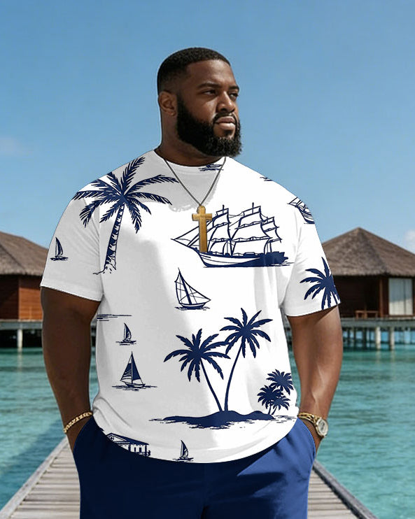 Big & Tall Men's Hawaiian Coconut Tree Cruise Ship Print Crewneck Short Sleeve T-Shirt Shorts Set