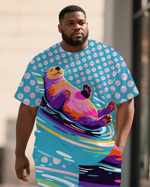 Big Men's Animal World Bubbles Seal Printed Summer Short Sleeve T-shirt Pants Set