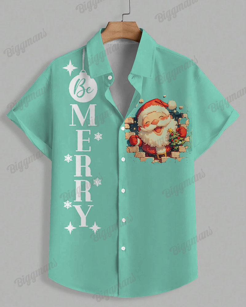 Men's Plus Size Cartoon Santa Claus Letter Print Short Sleeve Shirt