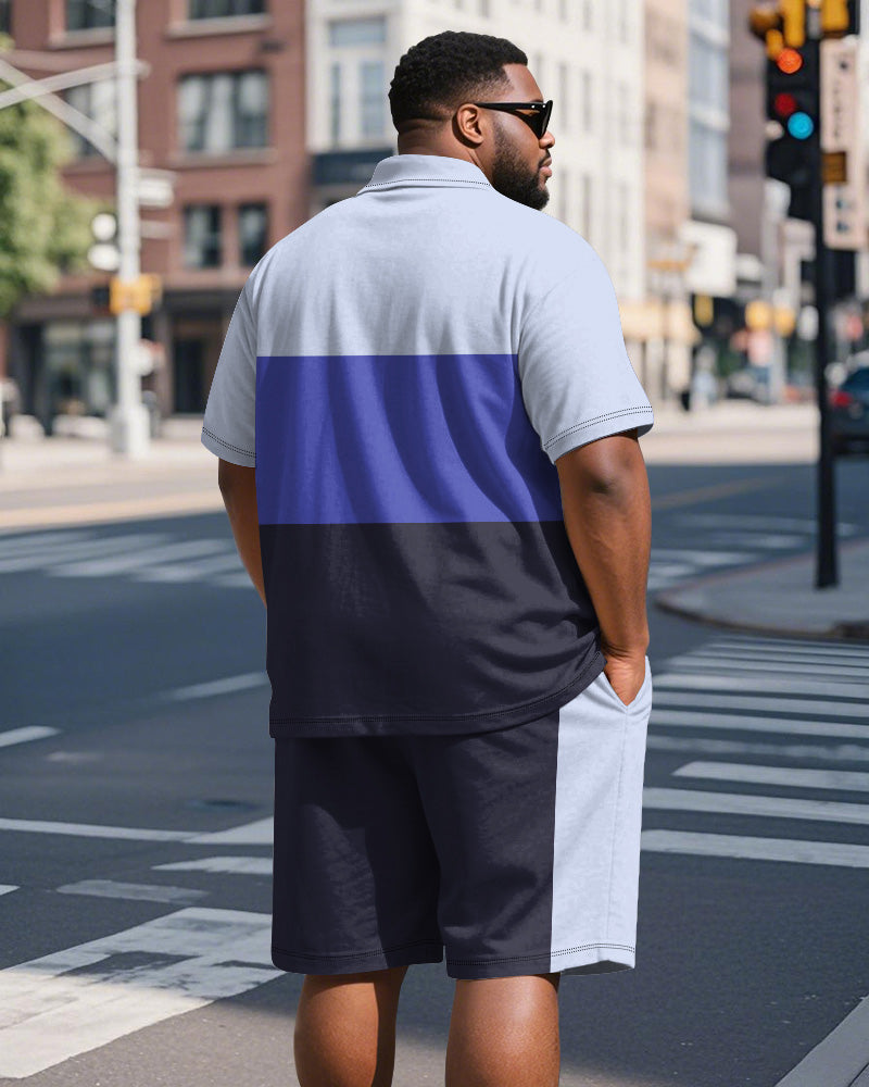 Big & Tall Men's Business Purple Colorblock Stripe Print Short Sleeve Polo Shirt Shorts Suit