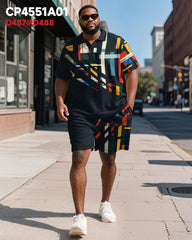 Big & Tall Men's Business Black Geometric Color Print Short Sleeve Polo Shirt Shorts Suit