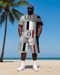 Big Men's POLO Gradient Geometric Color Block Printed Short Sleeve T-Shirt and Shorts Set