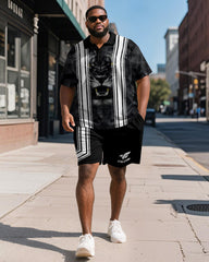 Big & Tall Men's Business Black Tiger Graffiti Stripe Print Short Sleeve Polo Shirt Shorts Suit