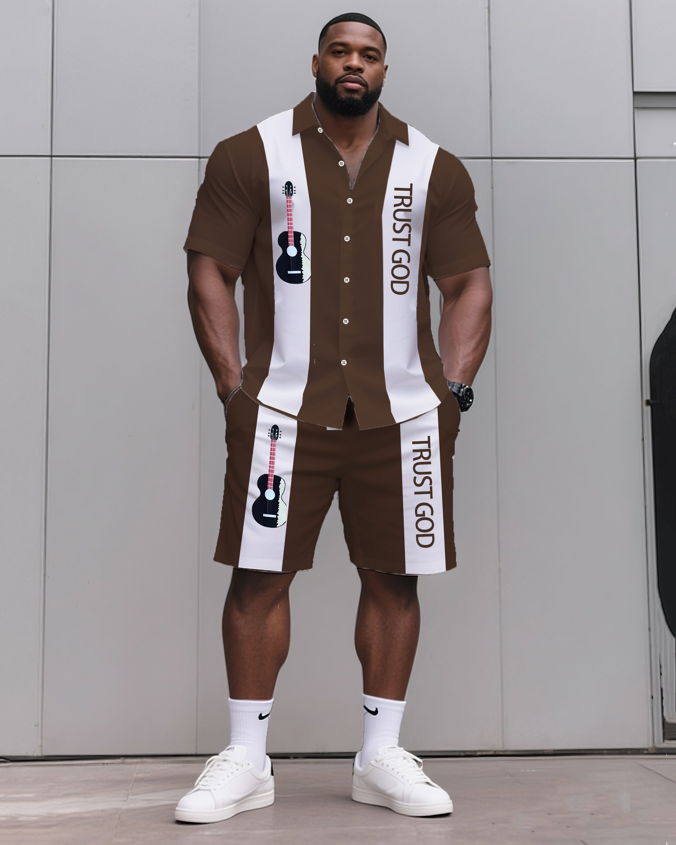Big & Tall Men's Daily Leisure. TRUST GOD Striped Contrast Printed Shirt Shorts Suit