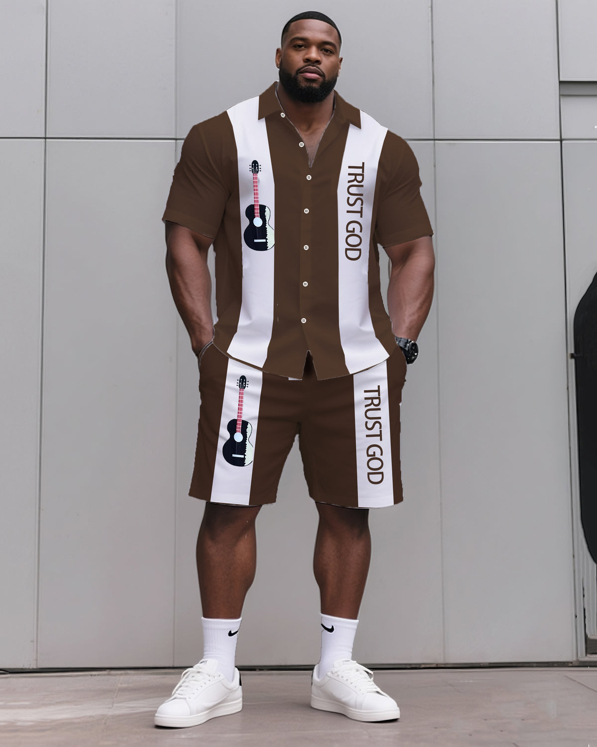 Big & Tall Men's Daily Leisure. TRUST GOD Striped Contrast Printed Shirt Shorts Suit