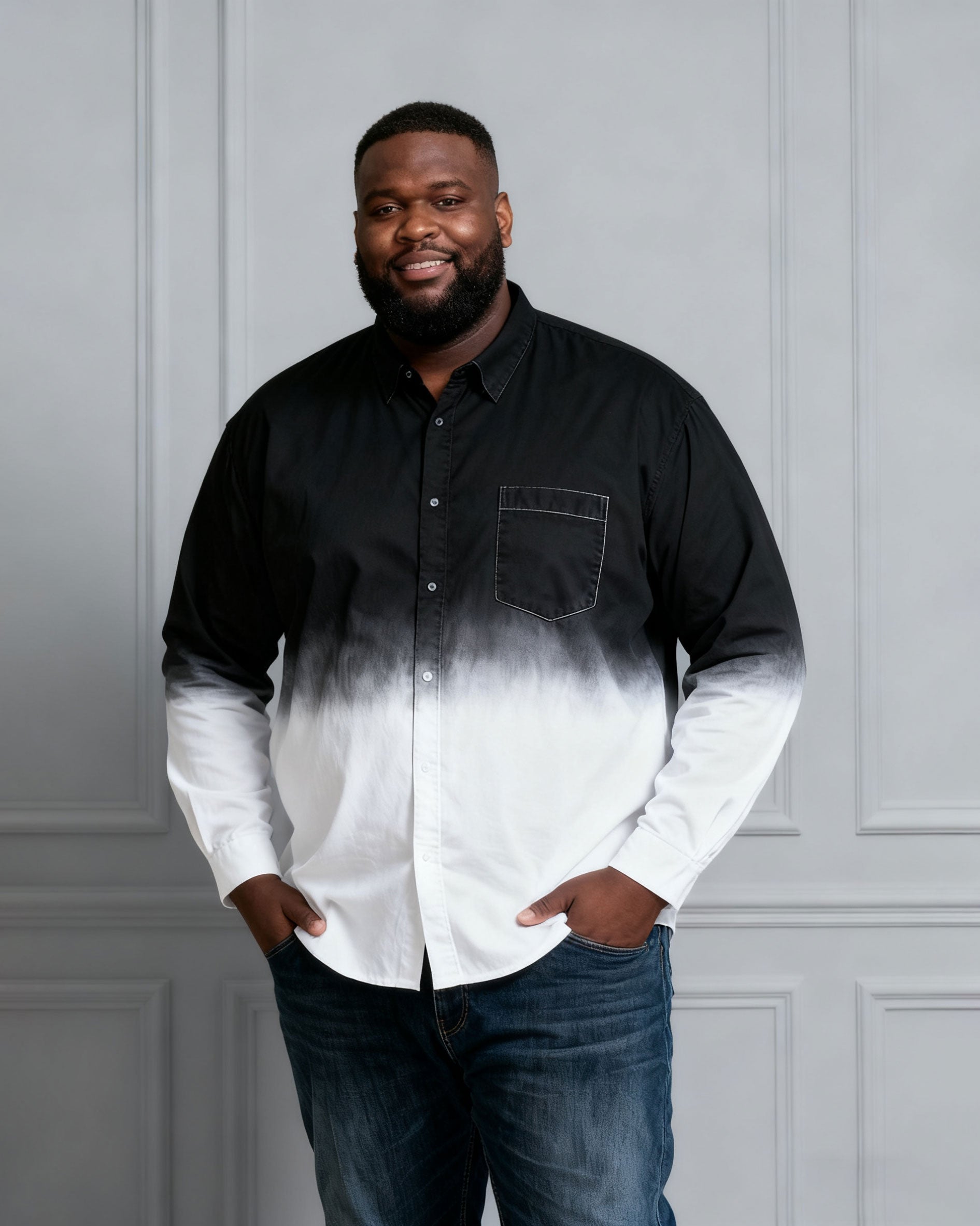 Men's Plus Size Landscape Ink Black & White Gradient Contrast Long Sleeve Lapel Shirt