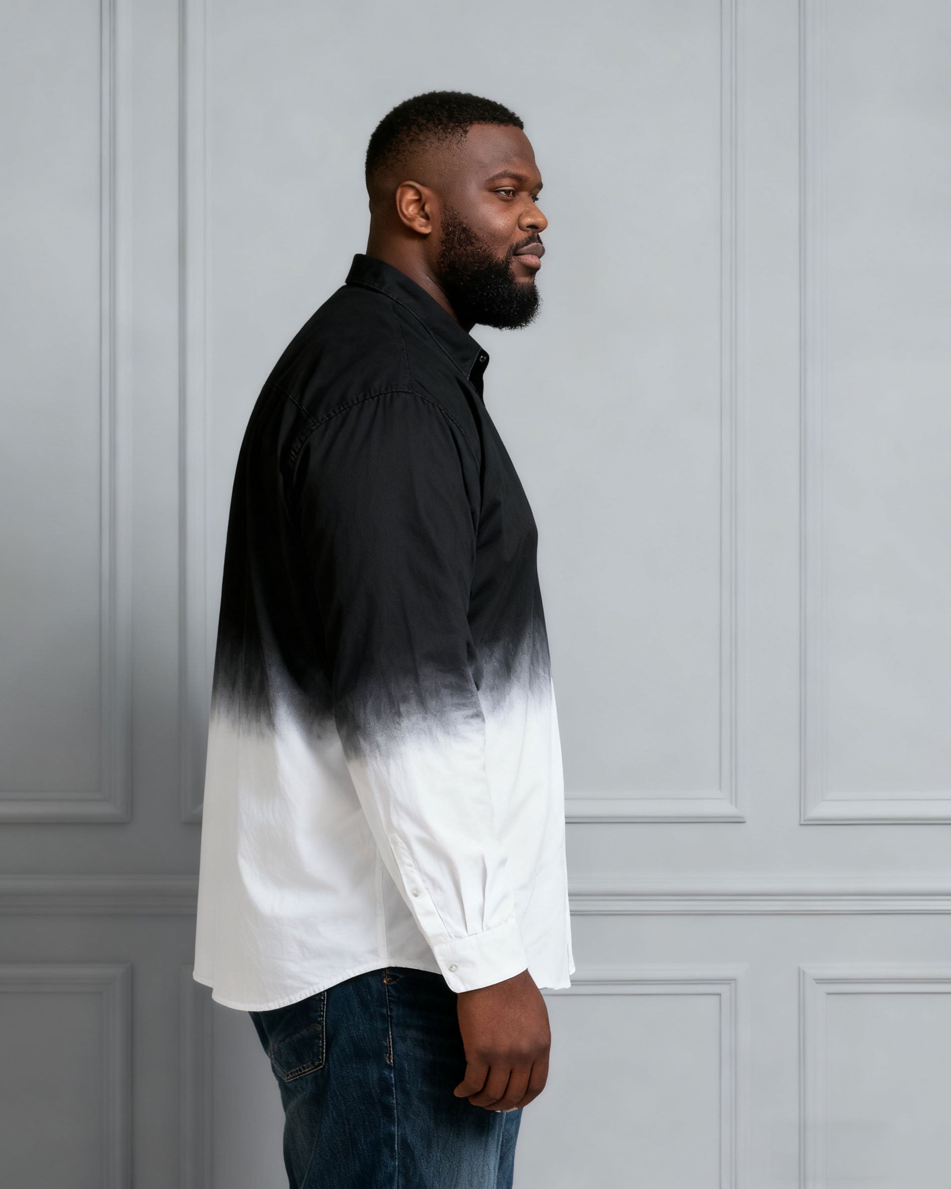 Men's Plus Size Landscape Ink Black & White Gradient Contrast Long Sleeve Lapel Shirt