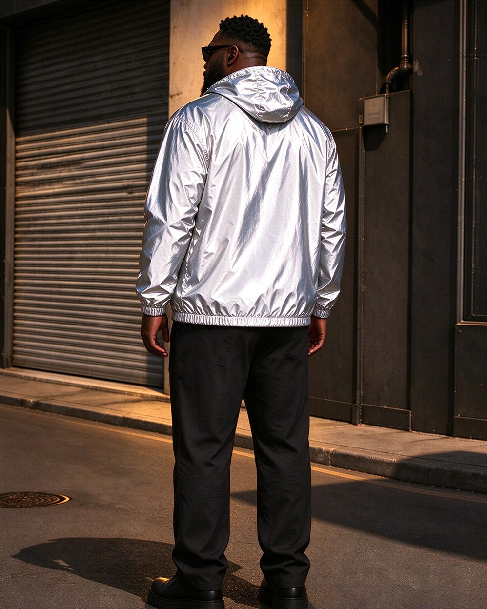 Large Size Men's Reflective Clothes Hooded Windproof Bright Silver Jacket Spring And Autumn Casual Jacket/Reflective Riding Jacket/Halloween Night Reflective Jacket