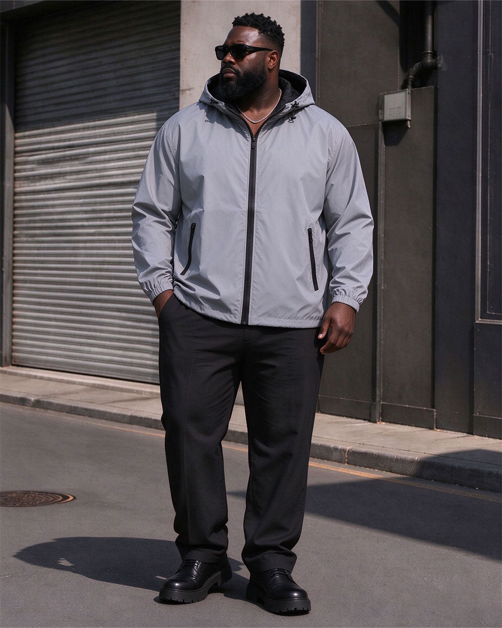 Large Size Men's Reflective Clothes Hooded Windproof Bright Silver Jacket Spring And Autumn Casual Jacket/Reflective Riding Jacket/Halloween Night Reflective Jacket