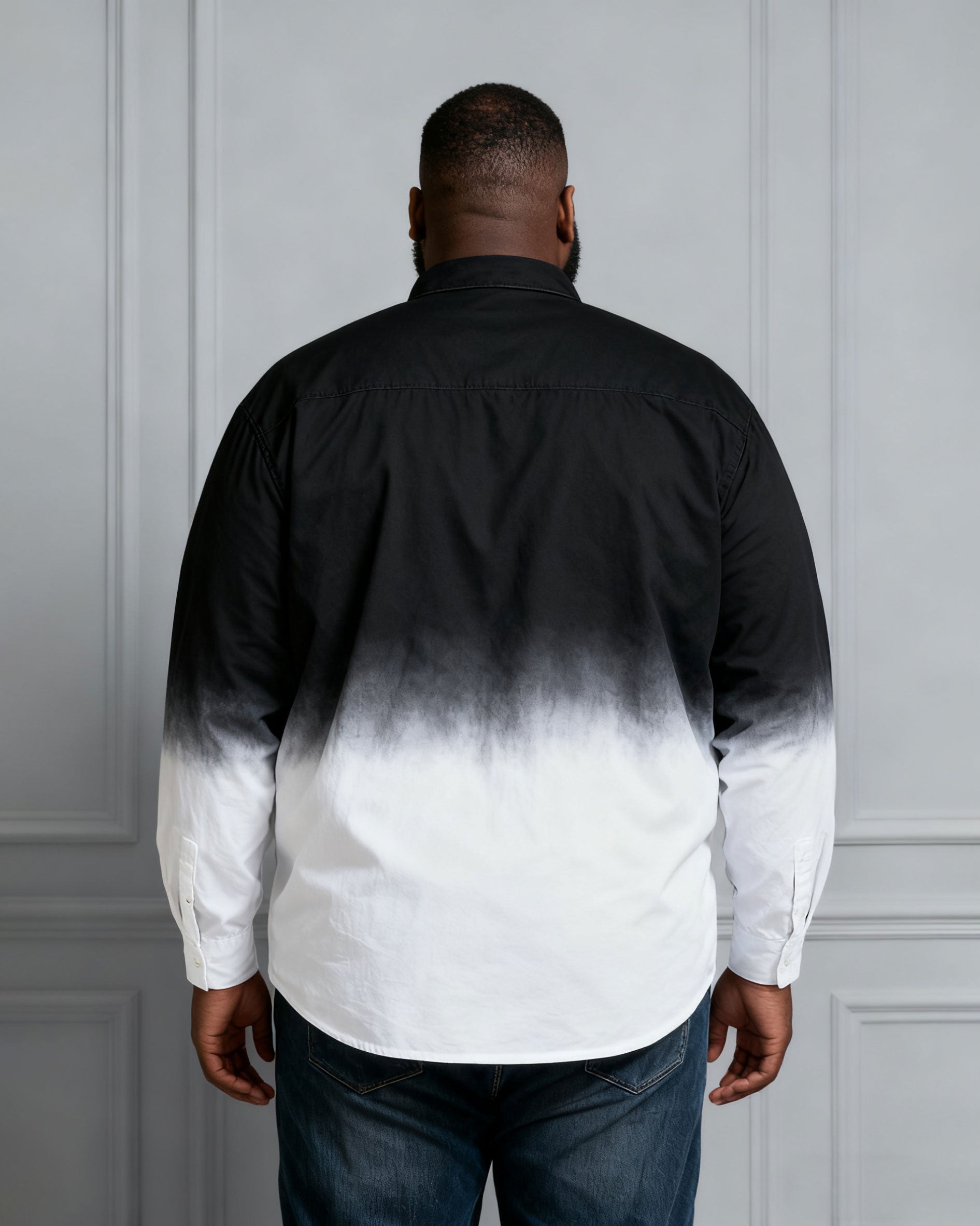 Men's Plus Size Landscape Ink Black & White Gradient Contrast Long Sleeve Lapel Shirt