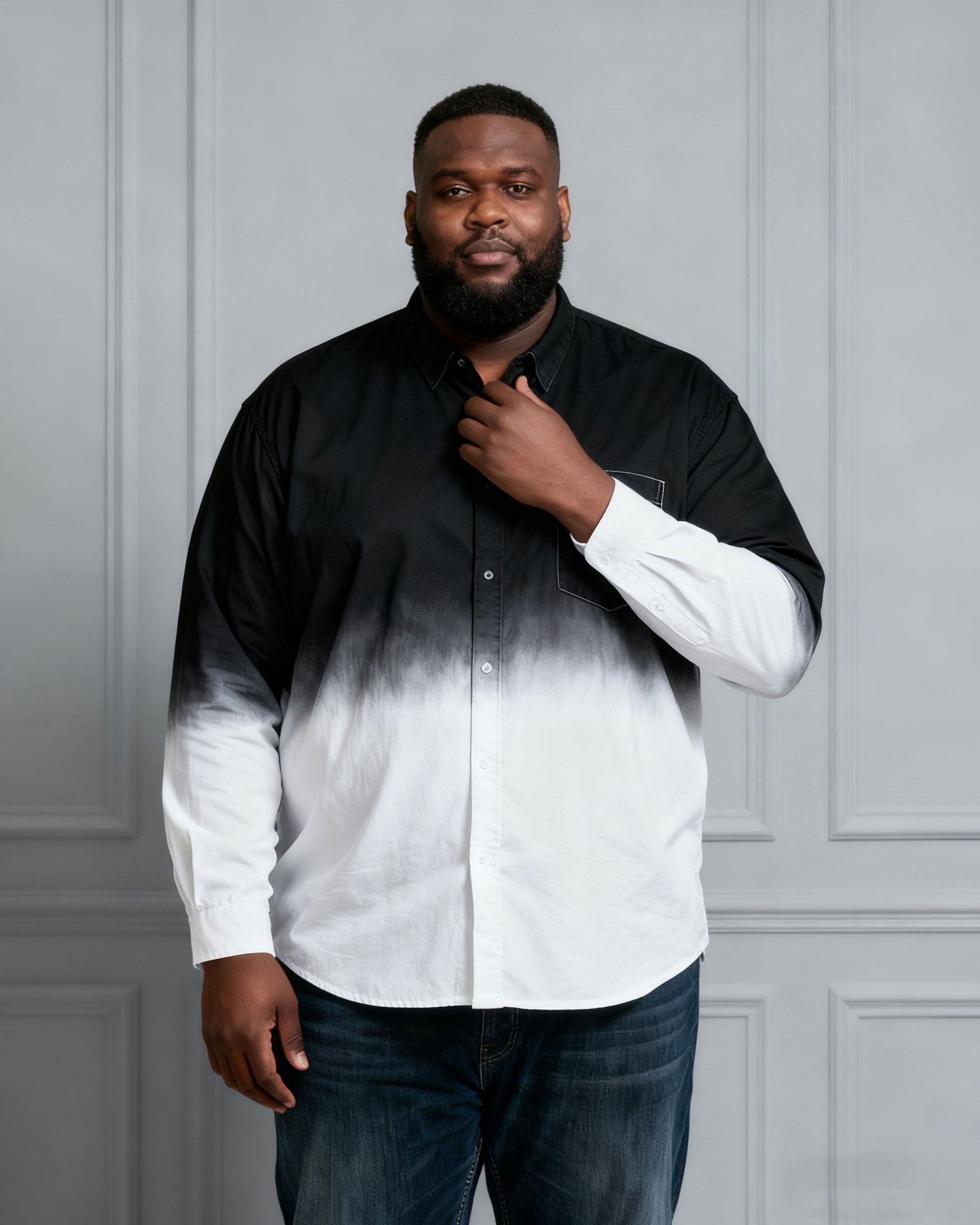 Men's Plus Size Landscape Ink Black & White Gradient Contrast Long Sleeve Lapel Shirt