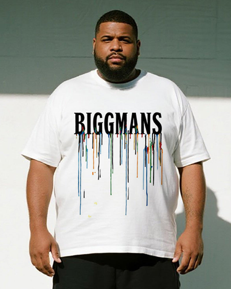 Big & Tall Men's Colorful Graffiti BIGGMANS Alphabet Print Round Neck Short Sleeve T-Shirt Shorts Suit