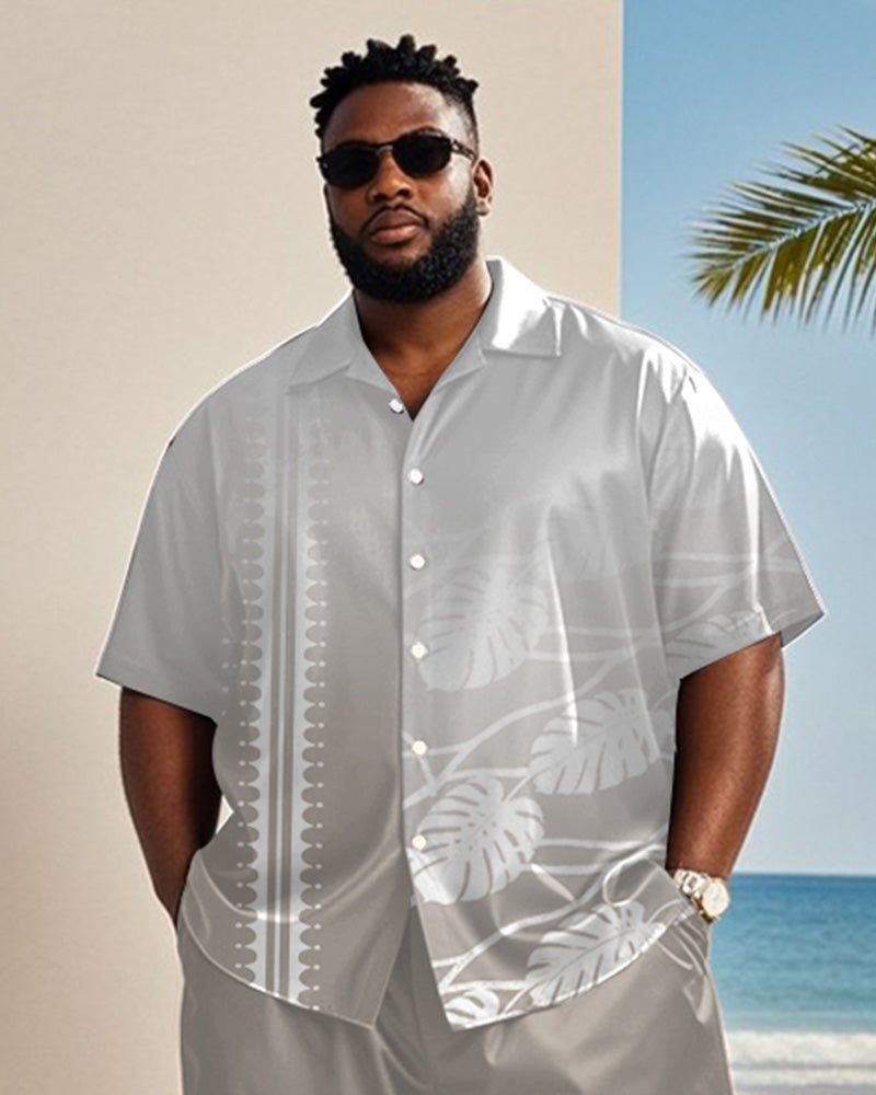 Big & Tall Men's Hawaiian Vacation Grey Gradient Coconut Tree Print Shirt Shorts Suit