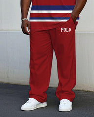Men's Plus Size Summer Breathable Fabric Red Stripe Short Sleeve T-shirt Trousers Suit