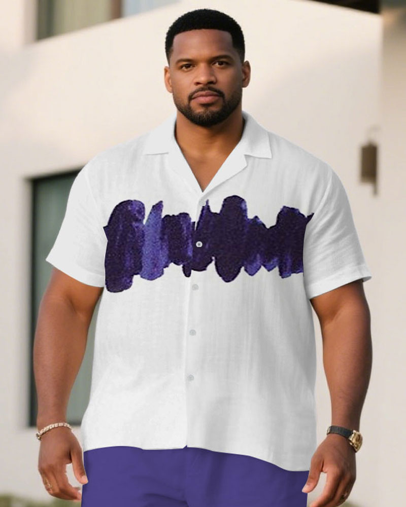 Men's Plus Size White & Purple Wave Short Sleeve Shirt Shorts Suit