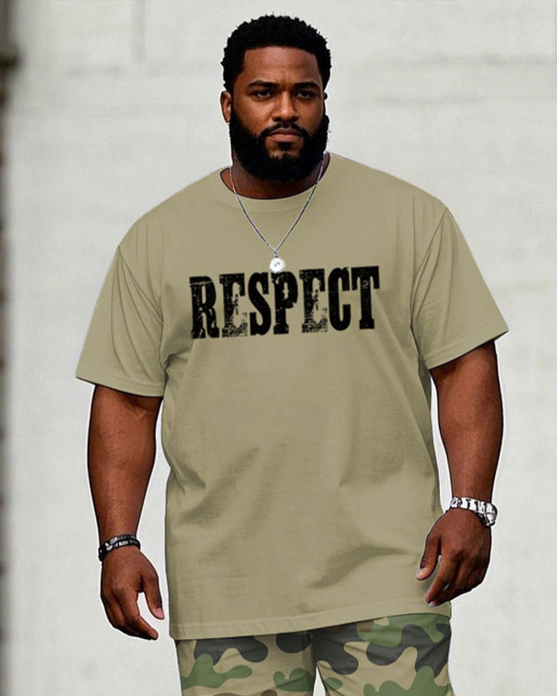 Men's Plus Size Casual Khakis & Green Army Camouflage "Respect" Slogan Chest Print Short-sleeved T-shirt Trousers Suit